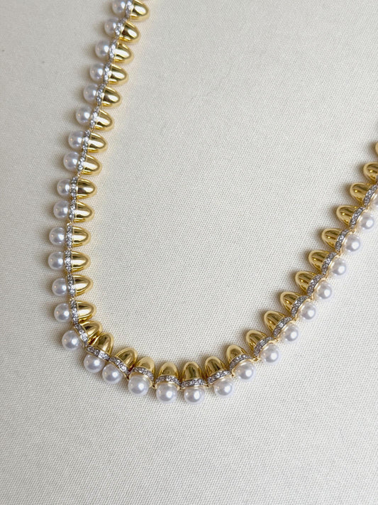 14K Gold Plated Pearl Detailed Brand Necklace 50 cm