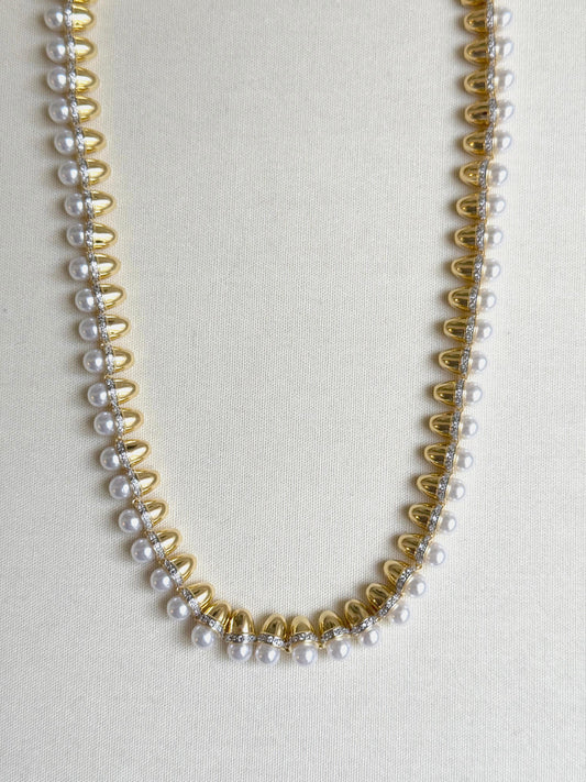 14K Gold Plated Pearl Detailed Brand Necklace 50 cm