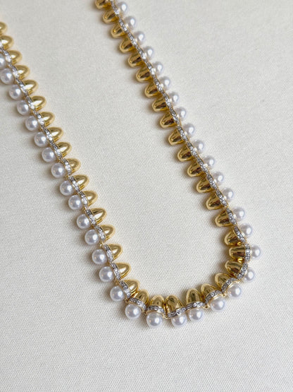 14K Gold Plated Pearl Detailed Brand Necklace 50 cm