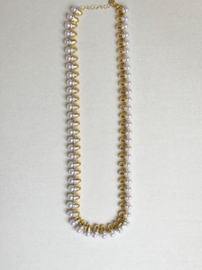 14K Gold Plated Pearl Detailed Brand Necklace 50 cm